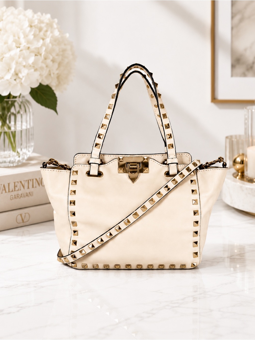 Valentino Garavani Compact Ivory Rockstud Tote Leather 2-Way Crossbody Full Set